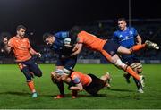 11 February 2022; Max Deegan of Leinster beats the tackle from Henry Immelman of Edinburgh on his way to scoring his side's fourth try during the United Rugby Championship match between Leinster and Edinburgh at the RDS Arena in Dublin. Photo by David Fitzgerald/Sportsfile