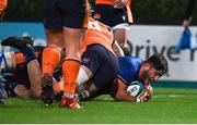 11 February 2022; Vakh Abdaladze of Leinster scores his side's third try during the United Rugby Championship match between Leinster and Edinburgh at the RDS Arena in Dublin. Photo by Sam Barnes/Sportsfile