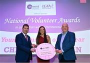 11 February 2022; Chloe Callaghan from Termon, Donegal, is presented with the Young Volunteer of the Year award by Ladies Gaelic Football Association President Mícheál Naughton and Mr Seamus Newcombe, chief executive officer of currentaccount.ie, right, during the 2021 LGFA National Volunteer of the Year awards, in association with currentaccount.ie, at Croke Park in Dublin. Photo by Piaras Ó Mídheach/Sportsfile