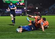 11 February 2022; Max Deegan of Leinster scores his side's fourth try during the United Rugby Championship match between Leinster and Edinburgh at the RDS Arena in Dublin. Photo by David Fitzgerald/Sportsfile
