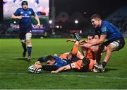 11 February 2022; Max Deegan of Leinster scores his side's fourth try during the United Rugby Championship match between Leinster and Edinburgh at the RDS Arena in Dublin. Photo by David Fitzgerald/Sportsfile