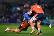 11 February 2022; Harry Byrne of Leinster is tackled by Adam McBurney, left, and Ben Muncaster of Edinburgh during the United Rugby Championship match between Leinster and Edinburgh at the RDS Arena in Dublin. Photo by Sam Barnes/Sportsfile