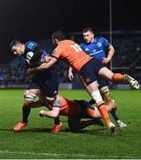 11 February 2022; Max Deegan of Leinster beats the tackle from Henry Immelman of Edinburgh on his way to scoring his side's fourth try during the United Rugby Championship match between Leinster and Edinburgh at the RDS Arena in Dublin. Photo by David Fitzgerald/Sportsfile