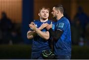 11 February 2022; Martin Moloney, left, and Max Deegan of Leinster celebrate after their side's victory in the United Rugby Championship match between Leinster and Edinburgh at the RDS Arena in Dublin. Photo by Sam Barnes/Sportsfile