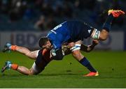 11 February 2022; Max Deegan of Leinster is tackled by Henry Immelman of Edinburgh during the United Rugby Championship match between Leinster and Edinburgh at the RDS Arena in Dublin. Photo by David Fitzgerald/Sportsfile