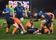 11 February 2022; Max Deegan of Leinster is congratulated by team mate Scott Penny, right, after he scored their side's fourth try during the United Rugby Championship match between Leinster and Edinburgh at the RDS Arena in Dublin. Photo by David Fitzgerald/Sportsfile