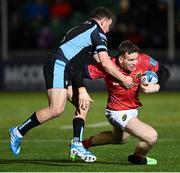 11 February 2022; Chris Farrell of Munster is tackled by Duncan Weir of Glasgow during the United Rugby Championship match between Glasgow Warriors and Munster at Scotstoun Stadium in Glasgow, Scotland. Photo by Paul Devlin/Sportsfile