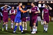 11 February 2022; Drogheda United goalkeeper Sam Long, left, and Keith Cowan of Drogheda United celebrate after their side's victory in the Jim Malone Cup match between Dundalk and Drogheda United at Oriel Park in Dundalk, Louth. Photo by Ben McShane/Sportsfile