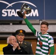 11 February 2022; Shamrock Rovers captain Ronan Finn lifts the FAI President's Cup in the company of President of Ireland Michael D Higgins after the match between Shamrock Rovers and St Patrick's Athletic at Tallaght Stadium in Dublin. Photo by Stephen McCarthy/Sportsfile