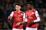 11 February 2022; Joe Redmond, left, and James Abankwah of St Patrick's Athletic during the FAI President's Cup match between Shamrock Rovers and St Patrick's Athletic at Tallaght Stadium in Dublin. Photo by Stephen McCarthy/Sportsfile