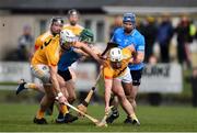 12 February 2022; Antrim players Gerard Walsh, right, and Neil McManus contest possession against James Madden of Dublin during the Allianz Hurling League Division 1 Group B match between Antrim and Dublin at Corrigan Park in Belfast. Photo by Ben McShane/Sportsfile