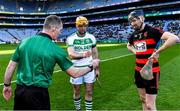 12 February 2022; Referee James Owens with team captains Colin Fennelly of Shamrocks and Barry Coughlan of Ballygunner before the coin toss at the AIB GAA Hurling All-Ireland Senior Club Championship Final match between Ballygunner, Waterford, and Shamrocks, Kilkenny, at Croke Park in Dublin. Photo by Piaras Ó Mídheach/Sportsfile