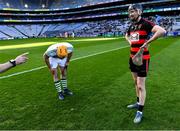 12 February 2022; Shamrocks captain Colin Fennelly checks the position of the coin after the pre-match coin toss, alongside Ballygunner captain Barry Coughlan, right, before the AIB GAA Hurling All-Ireland Senior Club Championship Final match between Ballygunner, Waterford, and Shamrocks, Kilkenny, at Croke Park in Dublin. Photo by Piaras Ó Mídheach/Sportsfile