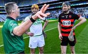 12 February 2022; Referee James Owens shares a joke with team captains Colin Fennelly of Shamrocks and Barry Coughlan of Ballygunner before the AIB GAA Hurling All-Ireland Senior Club Championship Final match between Ballygunner, Waterford, and Shamrocks, Kilkenny, at Croke Park in Dublin. Photo by Piaras Ó Mídheach/Sportsfile