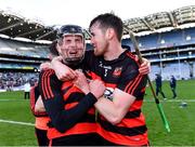 12 February 2022; Harry Ruddle of Ballygunner, left, who scored the winning goal in injury-time celebrates with teammate Barry Coughlan after their side's victory in the AIB GAA Hurling All-Ireland Senior Club Championship Final match between Ballygunner, Waterford, and Shamrocks, Kilkenny, at Croke Park in Dublin. Photo by Piaras Ó Mídheach/Sportsfile