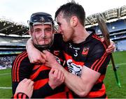 12 February 2022; Harry Ruddle of Ballygunner, left, who scored the winning goal in injury-time celebrates with teammate Barry Coughlan after their side's victory in the AIB GAA Hurling All-Ireland Senior Club Championship Final match between Ballygunner, Waterford, and Shamrocks, Kilkenny, at Croke Park in Dublin. Photo by Piaras Ó Mídheach/Sportsfile