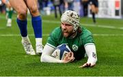 12 February 2022; Mack Hansen of Ireland scores his side's first try during the Guinness Six Nations Rugby Championship match between France and Ireland at Stade de France in Paris, France. Photo by Seb Daly/Sportsfile