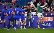 12 February 2022; Mack Hansen of Ireland catches a restart before scoring his side's first try during the Guinness Six Nations Rugby Championship match between France and Ireland at Stade de France in Paris, France. Photo by Brendan Moran/Sportsfile