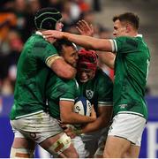 12 February 2022; Jamison Gibson Park of Ireland, second from left, celebrates with teammates, from left, James Ryan, Josh van der Flier and Garry Ringrose after scoring his side's third try during the Guinness Six Nations Rugby Championship match between France and Ireland at Stade de France in Paris, France. Photo by Brendan Moran/Sportsfile