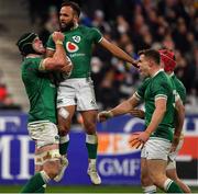 12 February 2022; Jamison Gibson Park of Ireland, second from left, celebrates with teammates, from left, James Ryan, Garry Ringrose and Josh van der Flier after scoring his side's third try during the Guinness Six Nations Rugby Championship match between France and Ireland at Stade de France in Paris, France. Photo by Brendan Moran/Sportsfile