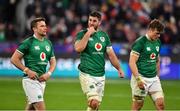 12 February 2022; Ireland players, from left, Jack Carty, Caelan Doris and Josh van der Flier react after their side's defeat in the Guinness Six Nations Rugby Championship match between France and Ireland at Stade de France in Paris, France. Photo by Brendan Moran/Sportsfile