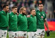 12 February 2022; Ireland captain James Ryan, right, with teammates, from left, Jack Conan, Garry Ringrose, Andrew Porter and Andrew Conway before the Guinness Six Nations Rugby Championship match between France and Ireland at Stade de France in Paris, France. Photo by Seb Daly/Sportsfile