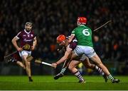 12 February 2022; Conor Whelan of Galway is tackled by Barry Nash of Limerick during the Allianz Hurling League Division 1 Group A match between Limerick and Galway at TUS Gaelic Grounds in Limerick. Photo by Eóin Noonan/Sportsfile