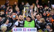 12 February 2022; Kilcoo joint-captains Conor Laverty, left, and Aidan Branagan lift the Andy Merrigan cup with manager Mickey Moran after the AIB GAA Football All-Ireland Senior Club Championship Final match between Kilcoo, Down, and Kilmacud Crokes, Dublin, at Croke Park in Dublin. Photo by Stephen McCarthy/Sportsfile