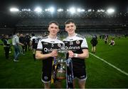 12 February 2022; Micéal Rooney, left, and Christopher Rooney of Kilcoo celebrate after the AIB GAA Football All-Ireland Senior Club Championship Final match between Kilcoo, Down, and Kilmacud Crokes, Dublin, at Croke Park in Dublin. Photo by Stephen McCarthy/Sportsfile