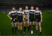 12 February 2022; Kilcoo players, from left, Niall Branagan, Aaron Branagan, Aidan Branagan, Eugene Branagan and Daryl Branagan celebrate with the Andy Merrigan cup after the AIB GAA Football All-Ireland Senior Club Championship Final match between Kilcoo, Down, and Kilmacud Crokes, Dublin, at Croke Park in Dublin. Photo by Stephen McCarthy/Sportsfile