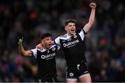 12 February 2022; Dylan Ward, left, and Anthony Morgan of Kilcoo celebrate at the final whistle of the AIB GAA Football All-Ireland Senior Club Championship Final match between Kilcoo, Down, and Kilmacud Crokes, Dublin, at Croke Park in Dublin. Photo by Stephen McCarthy/Sportsfile