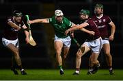 12 February 2022; Kyle Hayes of Limerick in action against Cathal Mannion, right, and Joseph Cooney of Galway during the Allianz Hurling League Division 1 Group A match between Limerick and Galway at TUS Gaelic Grounds in Limerick. Photo by Eóin Noonan/Sportsfile