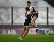 12 February 2022; Kilcoo players Anthony Morgan, right, and Dylan Ward celebrate at the final whistle of their victory in the AIB GAA Football All-Ireland Senior Club Championship Final match between Kilcoo, Down, and Kilmacud Crokes, Dublin, at Croke Park in Dublin. Photo by Piaras Ó Mídheach/Sportsfile