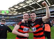 12 February 2022; Ballygunner players Conor Sheahan, left, and Seán Harney celebrate after their side's victory in the AIB GAA Hurling All-Ireland Senior Club Championship Final match between Ballygunner, Waterford, and Shamrocks, Kilkenny, at Croke Park in Dublin. Photo by Piaras Ó Mídheach/Sportsfile
