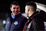 11 February 2022; Drogheda United manager Kevin Doherty, left, in conversation with Brian Gartland of Dundalk before the Jim Malone Cup match between Dundalk and Drogheda United at Oriel Park in Dundalk, Louth. Photo by Ben McShane/Sportsfile