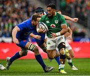 12 February 2022; Bundee Aki of Ireland is tackled by Anthony Jelonch of France during the Guinness Six Nations Rugby Championship match between France and Ireland at Stade de France in Paris, France. Photo by Seb Daly/Sportsfile