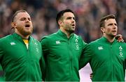 12 February 2022; Ireland players, from left, Finlay Bealham, Conor Murray and Jack Carty during national anthem before the Guinness Six Nations Rugby Championship match between France and Ireland at Stade de France in Paris, France. Photo by Seb Daly/Sportsfile