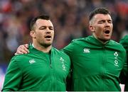12 February 2022; Ireland players, from left, Cian Healy and Peter O’Mahony during national anthem before the Guinness Six Nations Rugby Championship match between France and Ireland at Stade de France in Paris, France. Photo by Seb Daly/Sportsfile