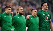12 February 2022; Ireland players, from left, Garry Ringrose, Andrew Porter, Andrew Conway and James Ryan during national anthem before the Guinness Six Nations Rugby Championship match between France and Ireland at Stade de France in Paris, France. Photo by Seb Daly/Sportsfile