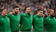 12 February 2022; Ireland players, from left, Tadhg Furlong, Caelan Doris, Jack Conan, Garry Ringrose and Andrew Porter during national anthem before the Guinness Six Nations Rugby Championship match between France and Ireland at Stade de France in Paris, France. Photo by Seb Daly/Sportsfile