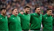 12 February 2022; Ireland players, from left, Hugo Keenan, Tadhg Furlong, Caelan Doris, Jack Conan and Garry Ringrose during national anthem before the Guinness Six Nations Rugby Championship match between France and Ireland at Stade de France in Paris, France. Photo by Seb Daly/Sportsfile