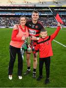 12 February 2022; Ballygunner team doctor Sinead Fitzpatrick with her son Sean and Ballygunner's Billy O'Keeffe and the Tommy Moore cup after the AIB GAA Hurling All-Ireland Senior Club Championship Final match between Ballygunner, Waterford, and Shamrocks, Kilkenny, at Croke Park in Dublin. Photo by Stephen McCarthy/Sportsfile