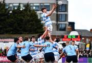 13 February 2022; Michael Colreavy of Blackrock College wins possession in the lineout during the Bank of Ireland Leinster Rugby Schools Senior Cup 1st Round match between Blackrock College, Dublin, and St Michael’s College, Dublin, at Energia Park in Dublin. Photo by Ben McShane/Sportsfile