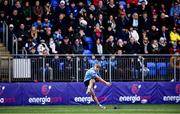 13 February 2022; Fintan Gunne of St Michael's College kicks a conversion during the Bank of Ireland Leinster Rugby Schools Senior Cup 1st Round match between Blackrock College, Dublin, and St Michael’s College, Dublin, at Energia Park in Dublin. Photo by Ben McShane/Sportsfile