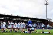 13 February 2022; St Michael's College players fall to the ground after their defeat in the Bank of Ireland Leinster Rugby Schools Senior Cup 1st Round match between Blackrock College, Dublin, and St Michael’s College, Dublin, at Energia Park in Dublin. Photo by Ben McShane/Sportsfile