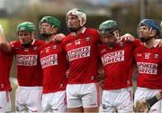 13 February 2022; Cork players including Mark Keane, centre, stand for the playing of the National Anthem during the Allianz Hurling League Division 1 Group A match between Offaly and Cork at St. Brendan's Park in Birr, Offaly. Photo by Michael P Ryan/Sportsfile
