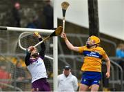 13 February 2022; Wexford goalkeeper Mark Fanning wins possession ahead of Shane Meehan of Clare during the Allianz Hurling League Division 1 Group A match between Clare and Wexford at Cusack Park in Ennis, Clare. Photo by Diarmuid Greene/Sportsfile