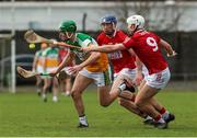 z13 February 2022; John Murphy of Offaly in action against Luke Meade of Cork during the Allianz Hurling League Division 1 Group A match between Offaly and Cork at St. Brendan's Park in Birr, Offaly. Photo by Michael P Ryan/Sportsfile