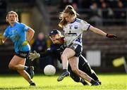 13 February 2022; Emma Murray of Waterford shoots past Dublin goalkeeper Abby Shiels to score a second half goal during the LIDL Ladies National Football League Division 1B Round 1 match between Waterford and Dublin at Fraher Field in Dungarvan, Waterford. Photo by Ray McManus/Sportsfile