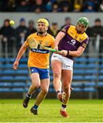 13 February 2022; Conor McDonald of Wexford shoots to score a point to put his side one point ahead during the second half of the Allianz Hurling League Division 1 Group A match between Clare and Wexford at Cusack Park in Ennis, Clare. Photo by Diarmuid Greene/Sportsfile